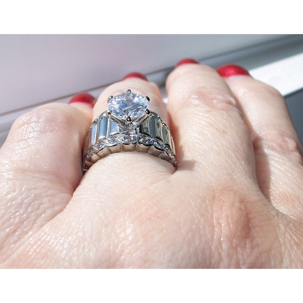 STAINLESS STEEL Round Cut Cubic Zirconia Wide Band Ring - Picture 6 of 16
